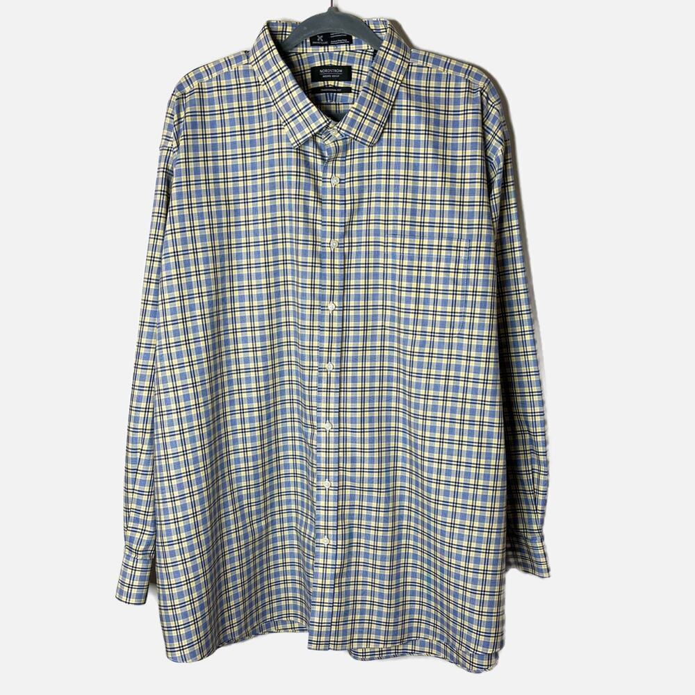 Nordstrom Men's Plaid Button Up Shirt 37 Yellow & Blue Traditional Fit Cotton